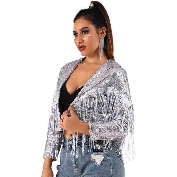 Women Sequins Tassel Bomber Long Sleeve Jacket Sparkly Open Front - Picture 1 of 7
